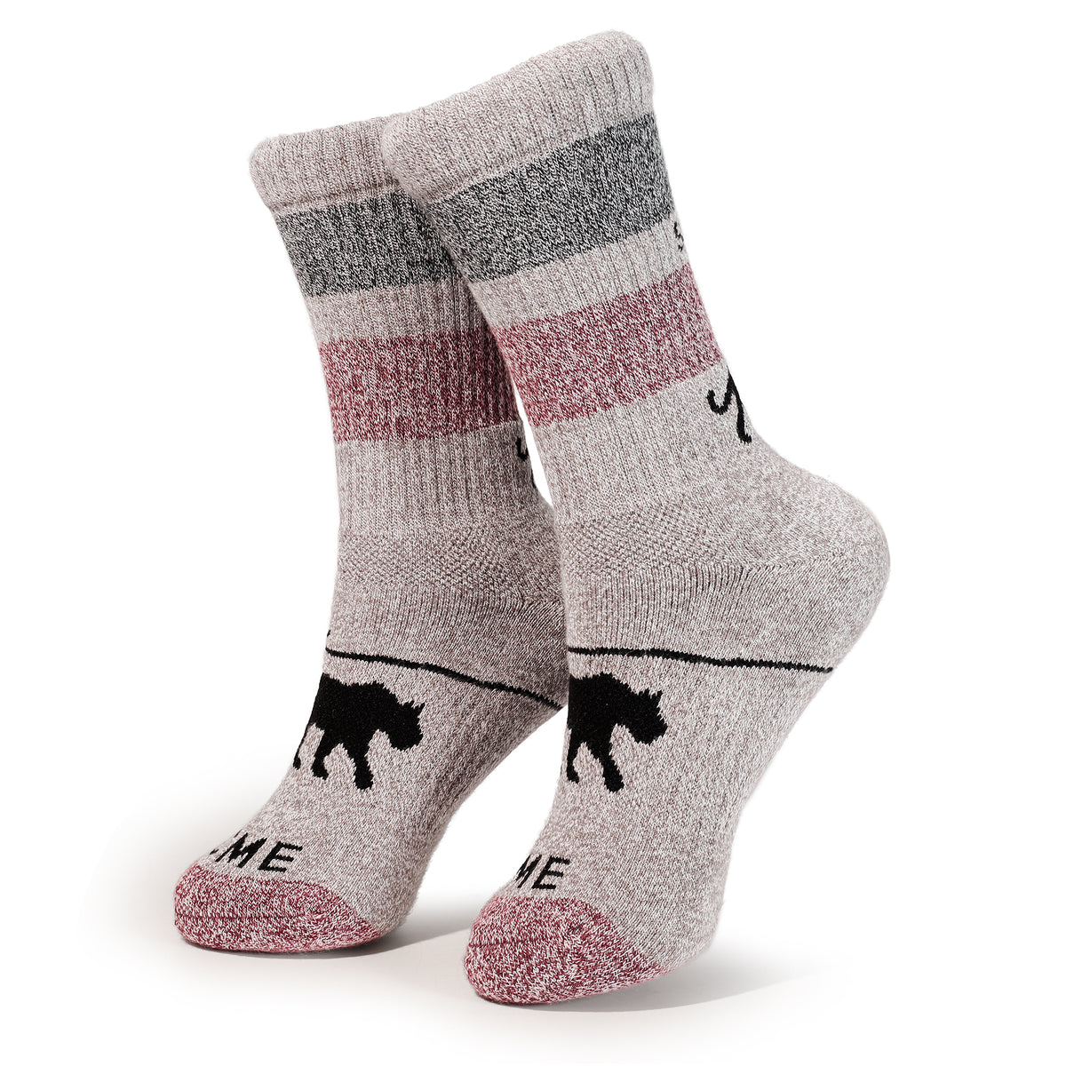 ComfortBoo crew hiking socks with charcoal and burgundy stripes and the SCME bear design, shown as a pair on white.
